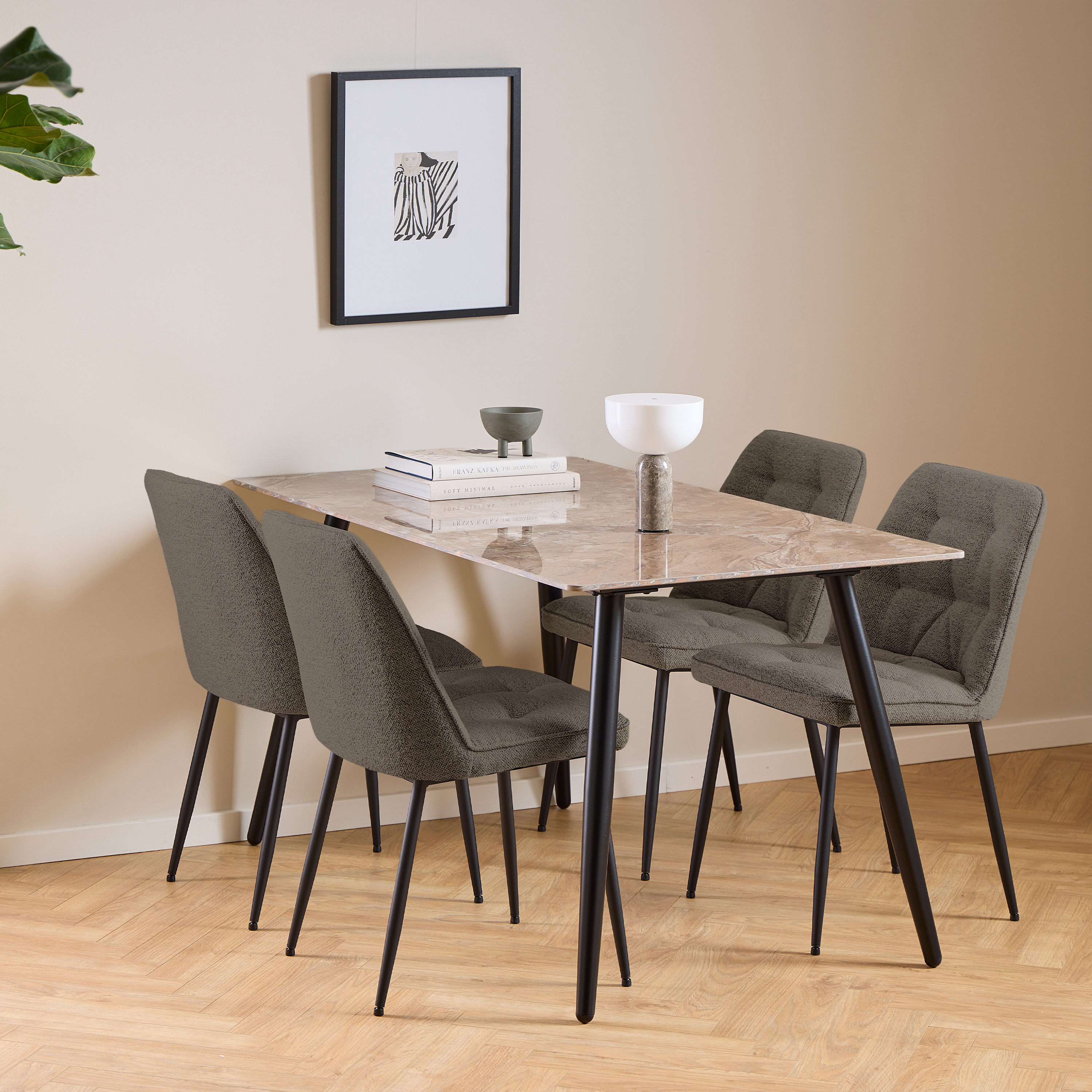 WISE Ceramic Dining Table Brown and Black Included 4 Dining Chairs in Taupe - Rosalind Collection