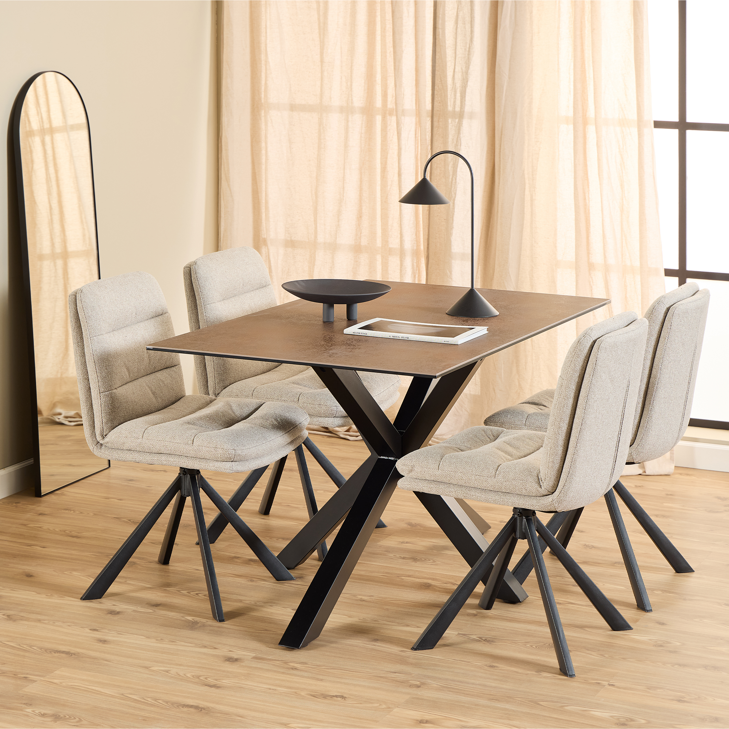 FUMES Dining Table with Ceramic Rusty Brown Top 135cm Included 4 Beige Swivel Dining Chair - Rosalind Collection