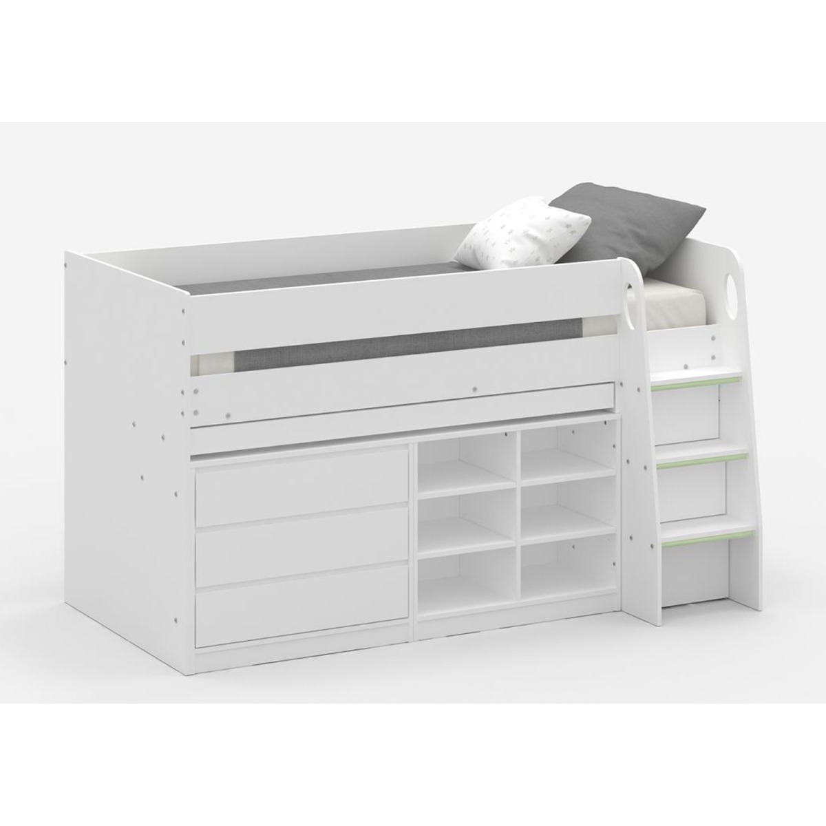 Classic Design Vespa Mid Sleeper with Pull-Out Drawer and Shelves - White - JB Collections