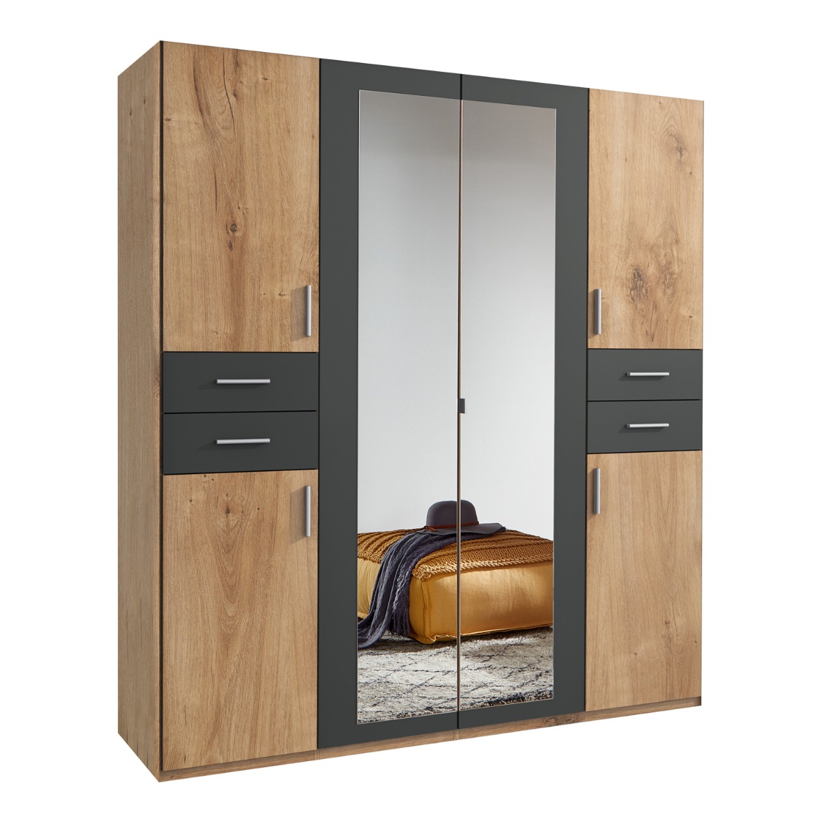 Wardrobe - FENTON 4 Door 4 Drawers Mirrored Wardrobe Finish Oak and Graphite 180cm - Wimex Distribution