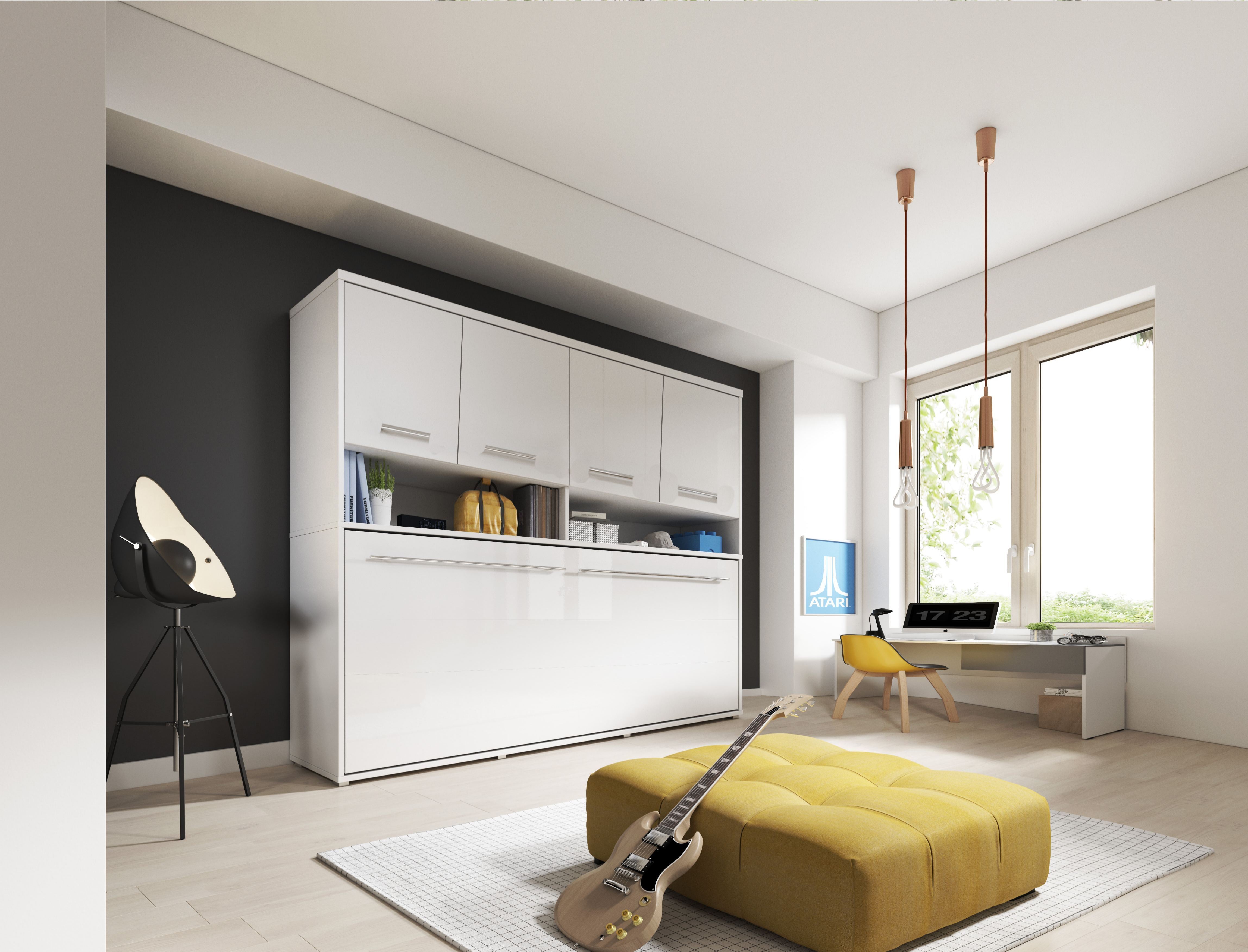 Classic Design Horizontal Wall Bed 90cm with Over Bed Unit - White Gloss - Art Nest