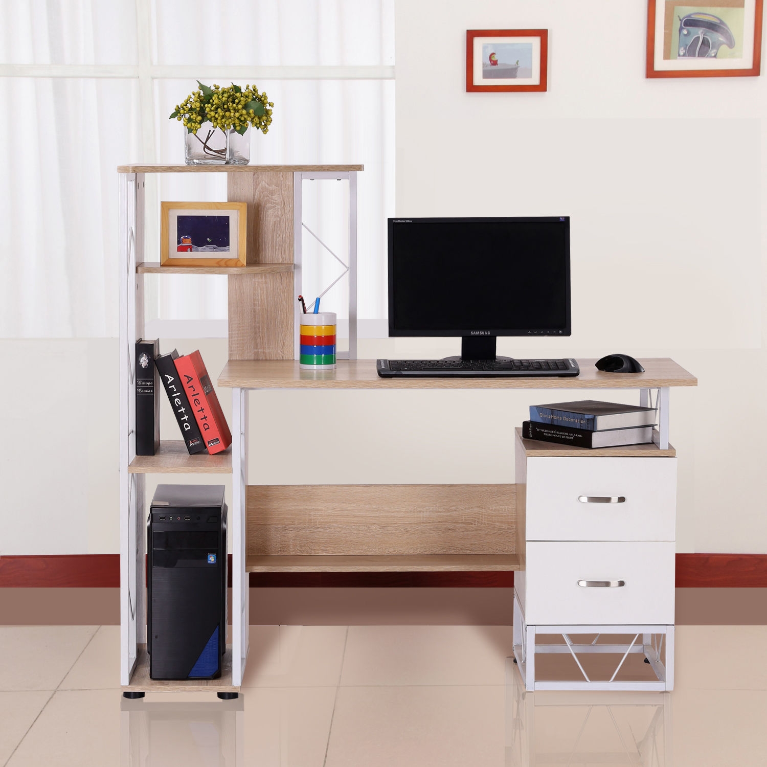 Computer Writing Desk with 2 Drawers and Multi-Shelves - Home Deals