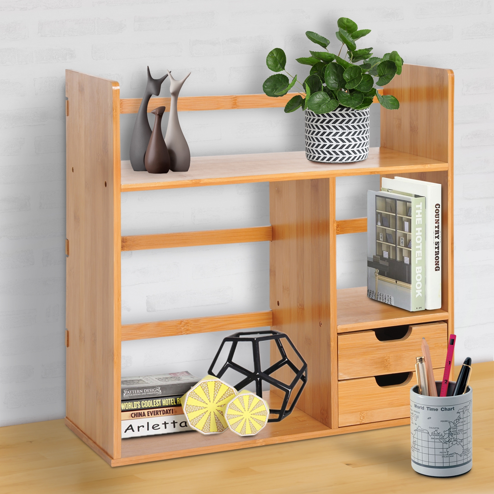 Bamboo Desk Organiser with 2 Drawers - 2-way Reversed Use - Home Deals