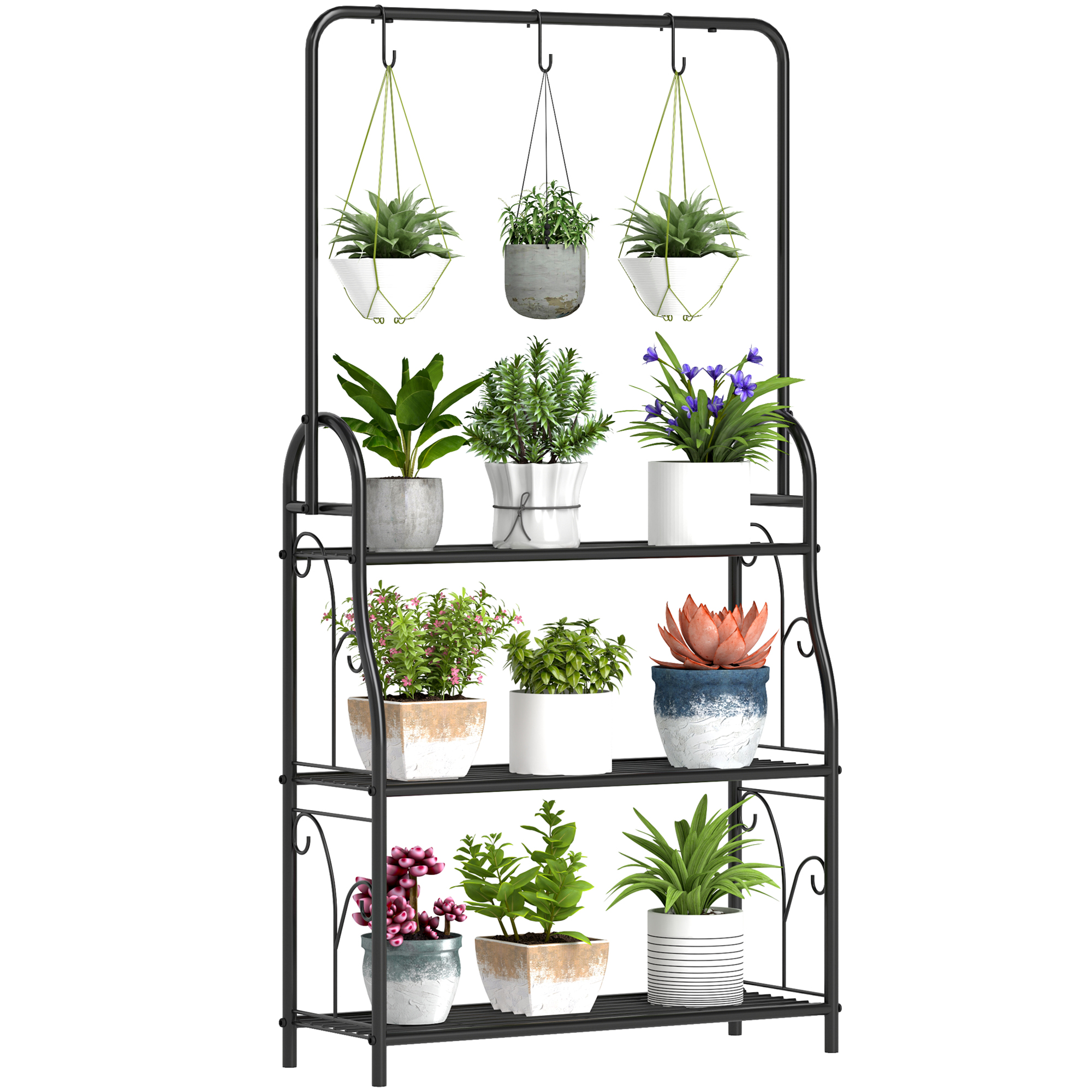 SUNVISTA 3 Tier Plant Stand with Hanging Rod and Hooks Black - Life Essentials