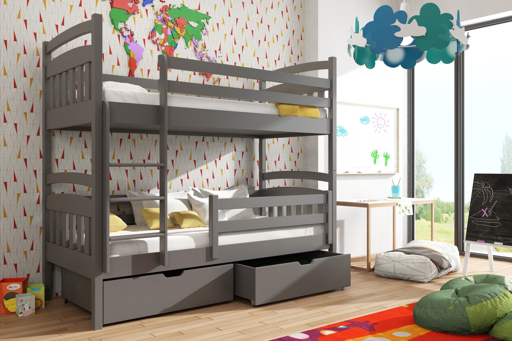 Gabby Wooden Kids Bunk Bed with Storage and Foam Mattress - Graphite - Art Nest