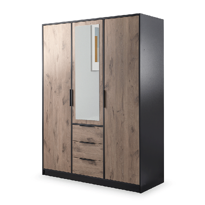 BELLVYN 3 Door Mirrored Wardrobe with 3 Drawers Black with Oak - 149cm - Avellino & Wells