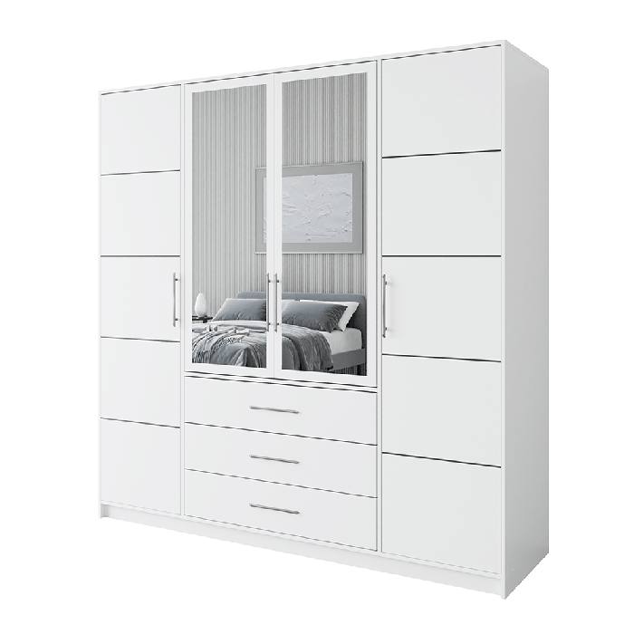 BARNSLEY 4 Door Mirrored Wardrobe with 3 Drawers White - 196cm - Avellino & Wells