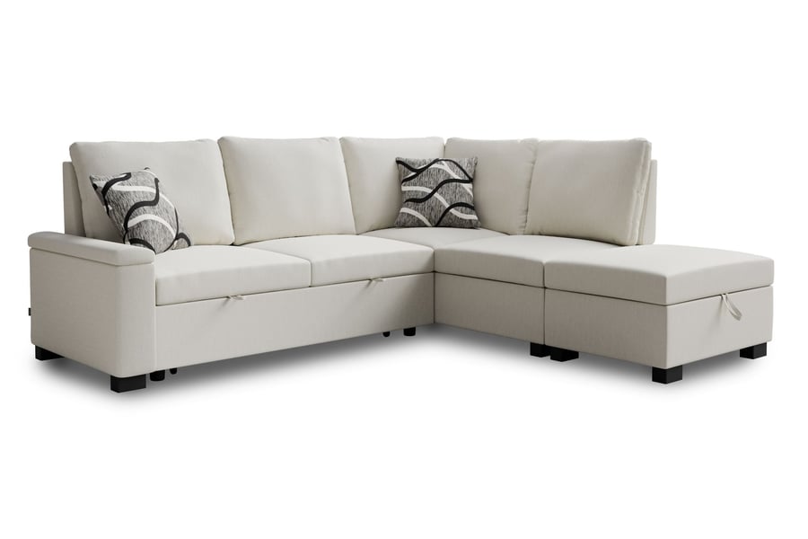 THORNWICK Fabric 4 Seater L Shaped Corner Sofabed - Cream, Right Hand Facing - Avellino & Wells