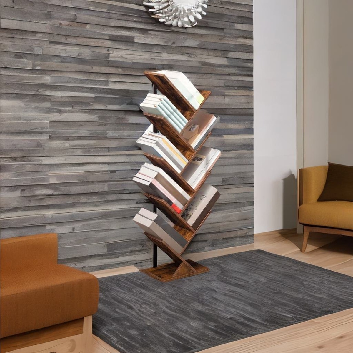 QUIVANTE Bookcase 9-Tier Tree Style Tall Standing Bookshelf - Rustic Brown - The Urban Forge