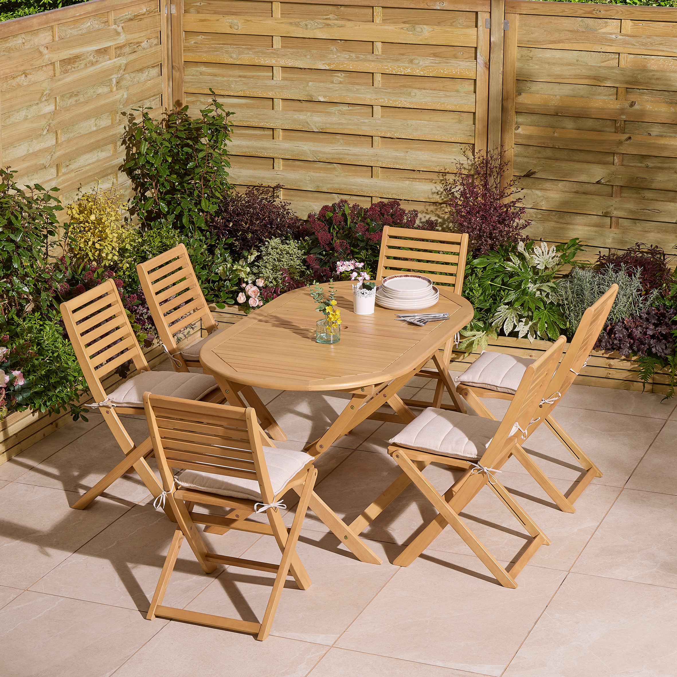 OXRYN Garden 6 Seater Oval Table and Chair Set - Oak Finish - Etta Gardens
