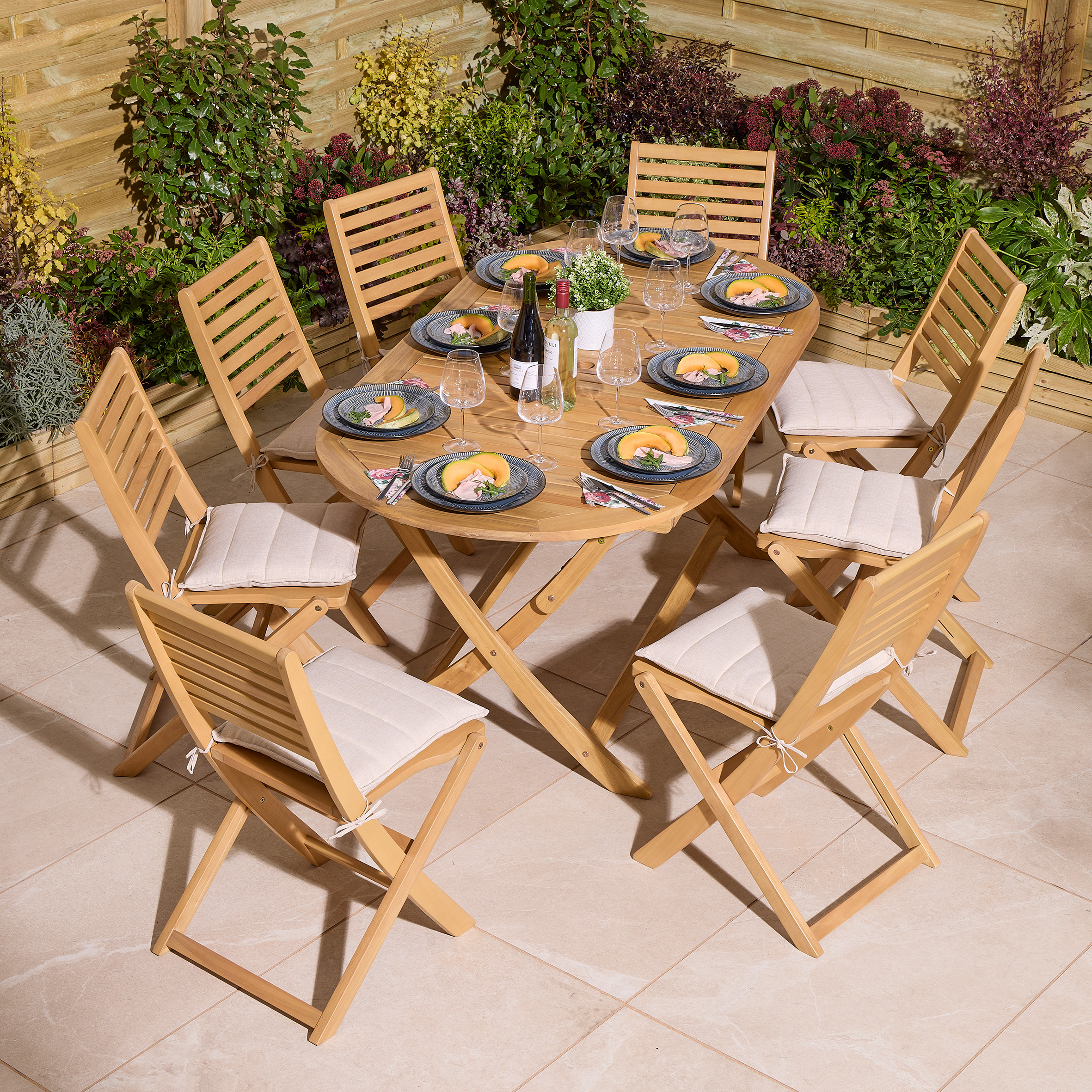 OXRYN Garden 8 Seater Oval Table and Chair Set - Oak Finish - Etta Gardens