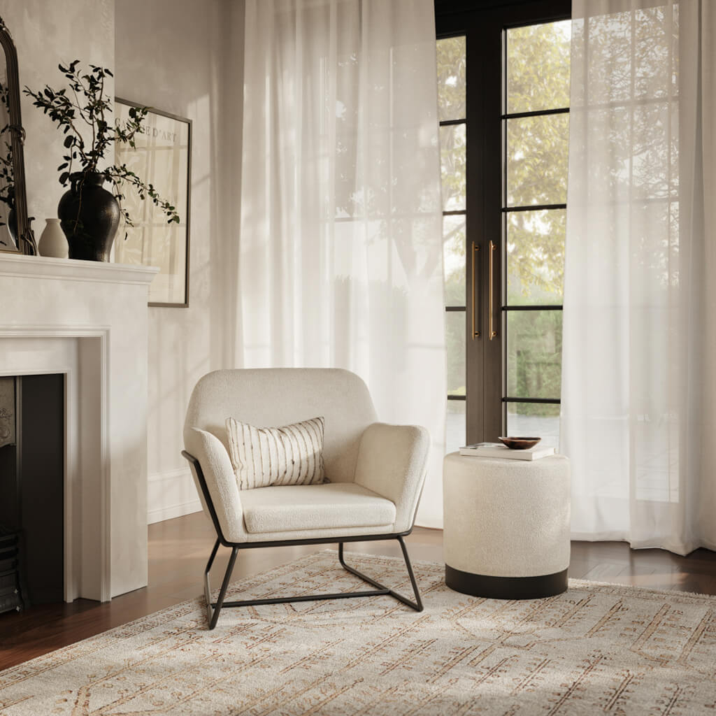 CHARIX Velvet Armchair with Small Pouffe Set - Beige and Gold - Leeds Plywood