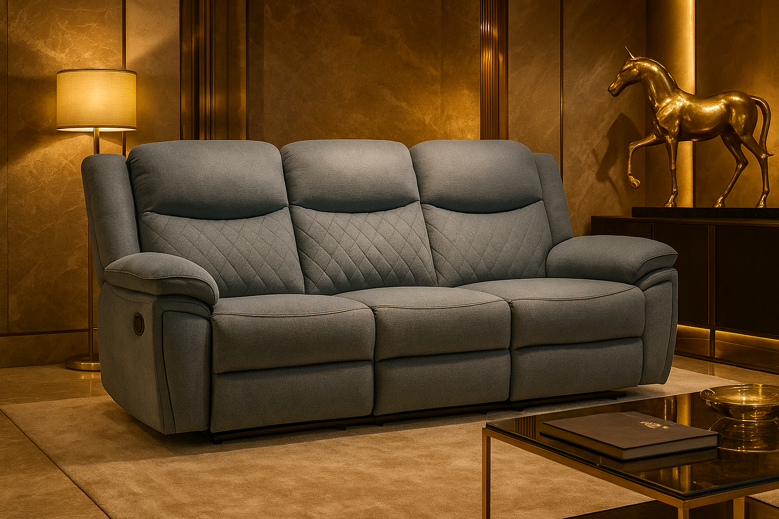 ELMYRA Fabric 3 Seater Recliner Sofa - Grey - Sofa So Good