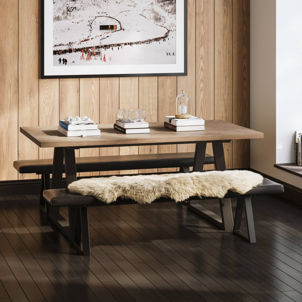 HADMORE Dining Table Set with 2 Benches - Natural and Black - Leeds Plywood