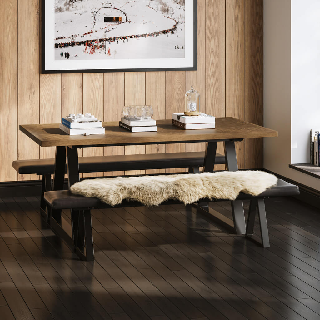 HADMORE Dining Table Set with 2 Benches - Whiskey and Black - Leeds Plywood