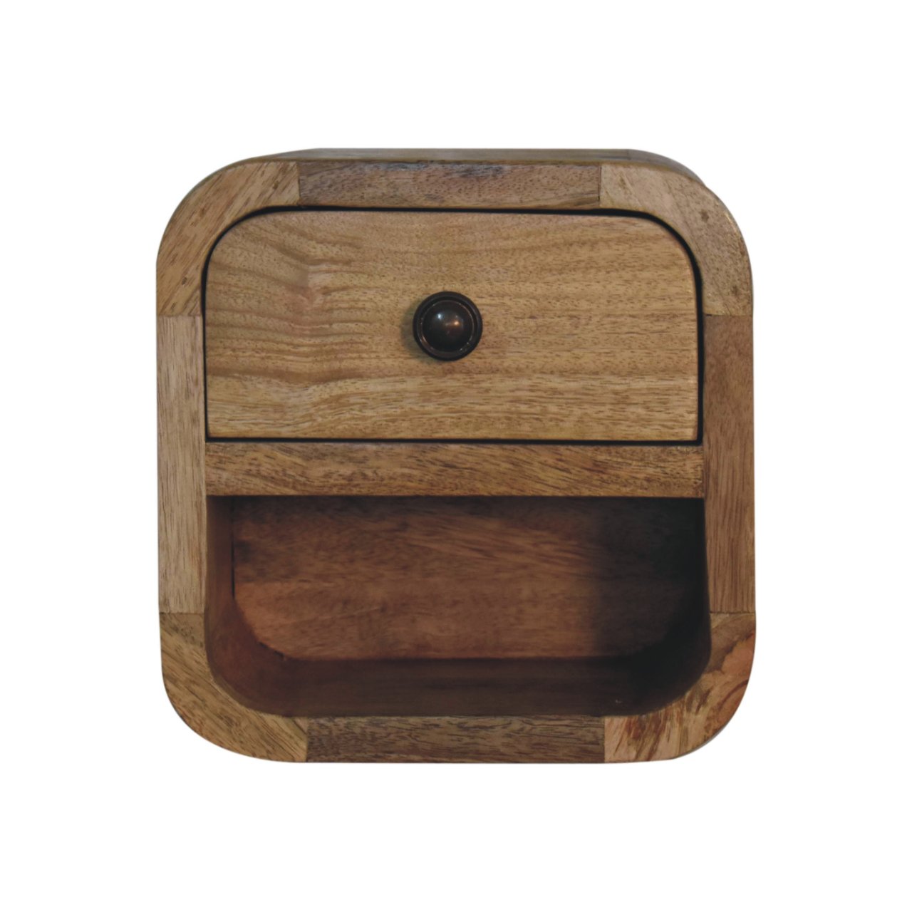CROMER Extra Mini Curved Oak-ish Bedside with Open Slot - Beasley & Sons
