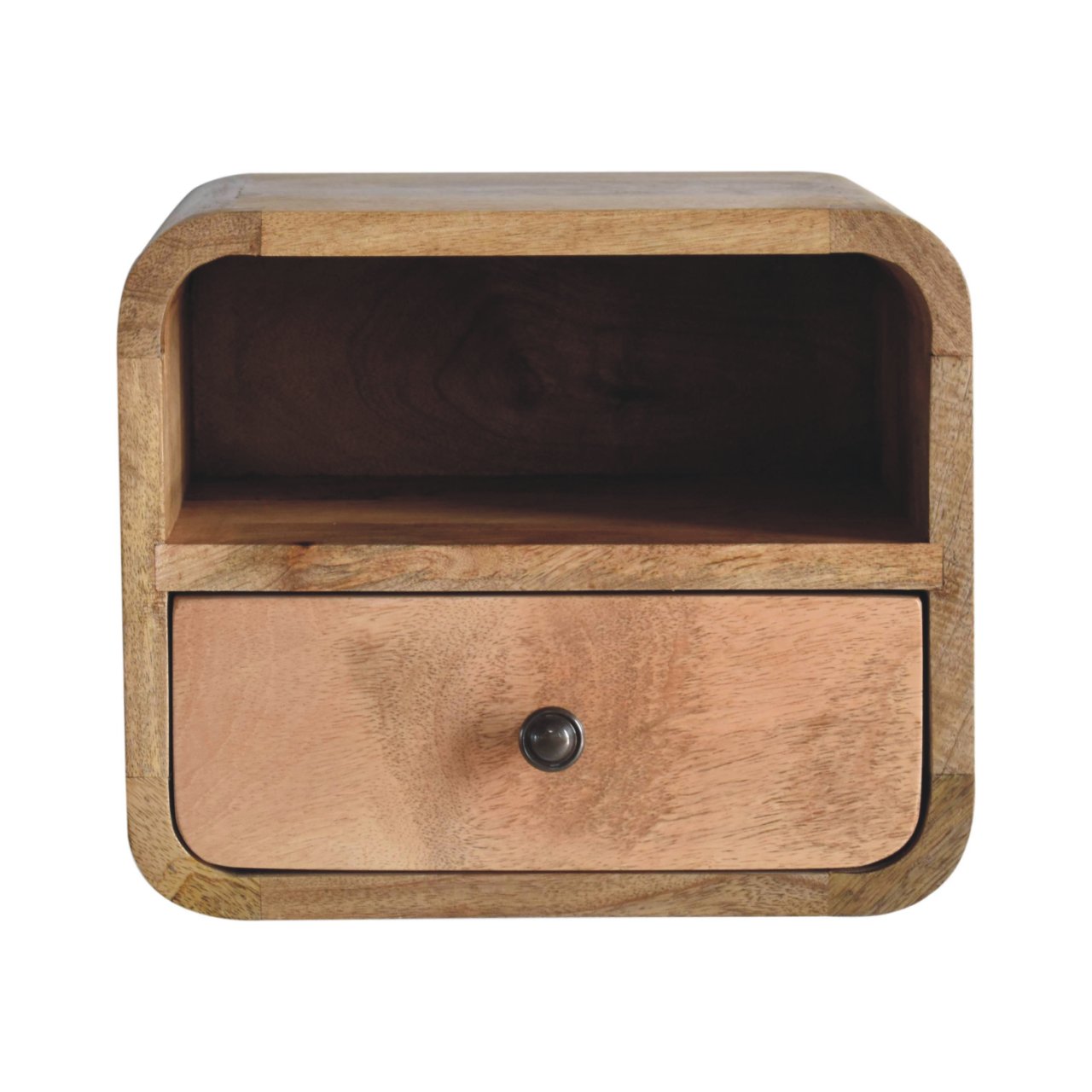 CROMER Extra Mini Wall Mounted Curved Oak-ish Bedside with Open Slot - Beasley & Sons