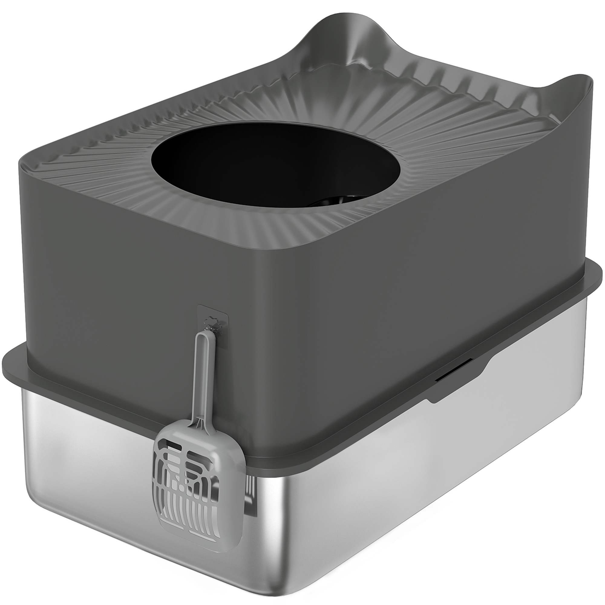 PAWSTER Stainless Steel Cat Litter Tray Extra Large Enclosed Litter Box Dark Grey - Life Essentials