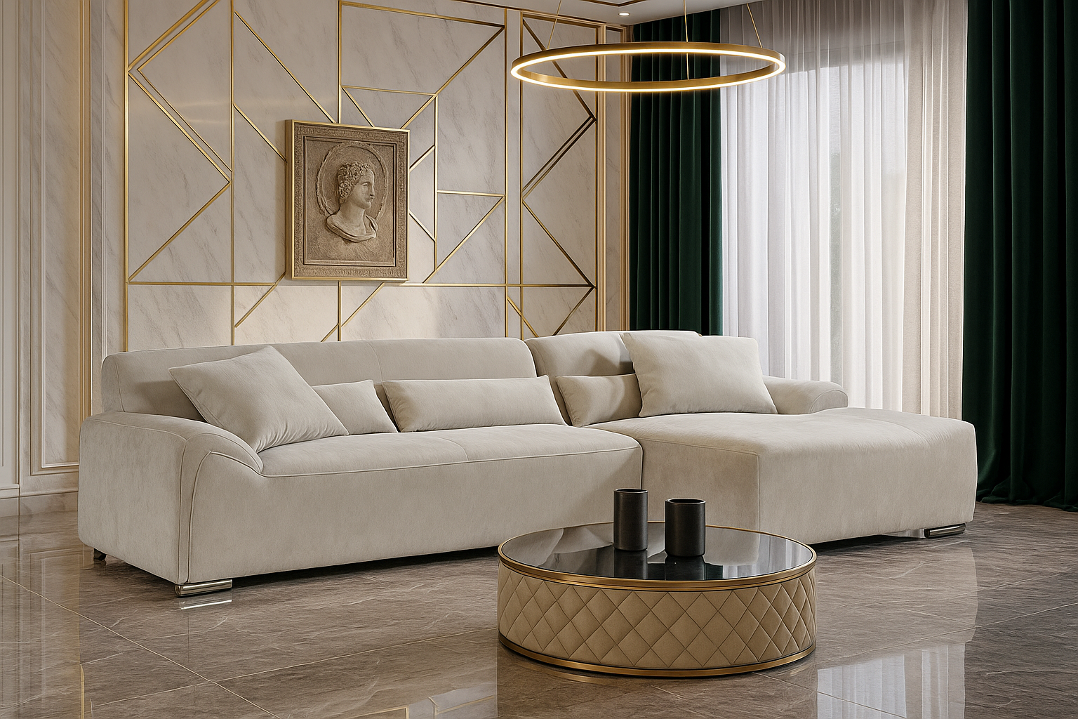 MONTELA Fabric 3 Seater L Shaped Corner Sofa - Beige - Right Hand Facing - Sofa So Good
