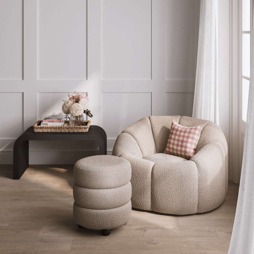 NOVELLE Boucle Fabric Swivel Chair - Buff - Leeds Plywood