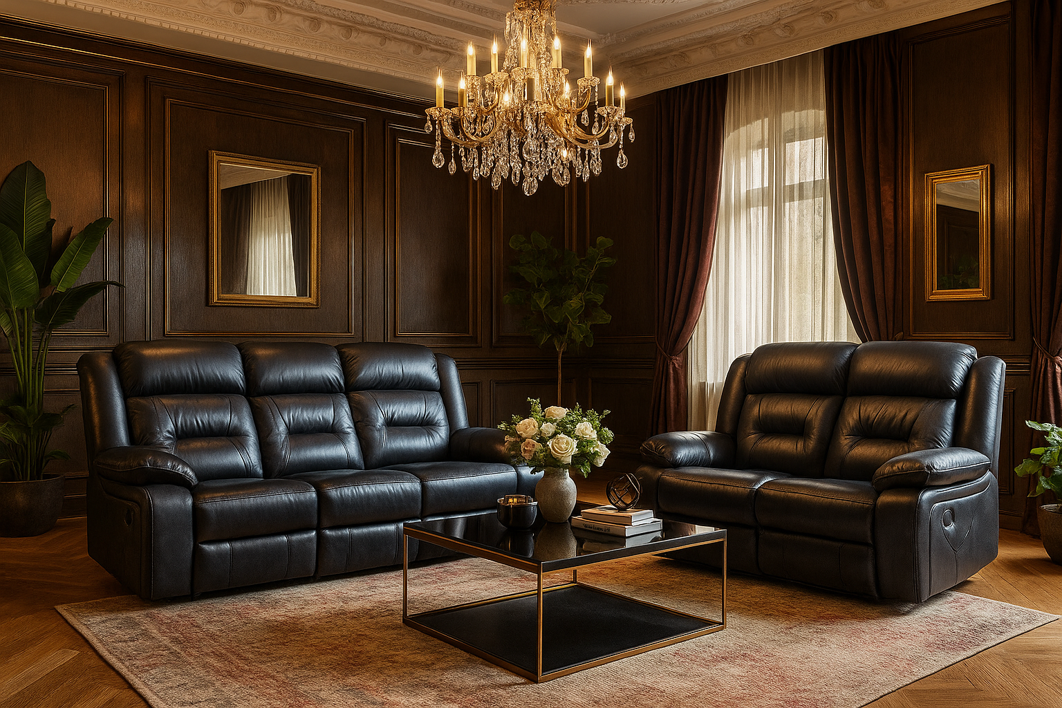 NAVONE Leather 3 and 2 Seater Recliner Sofa Set - Black - Sofa So Good
