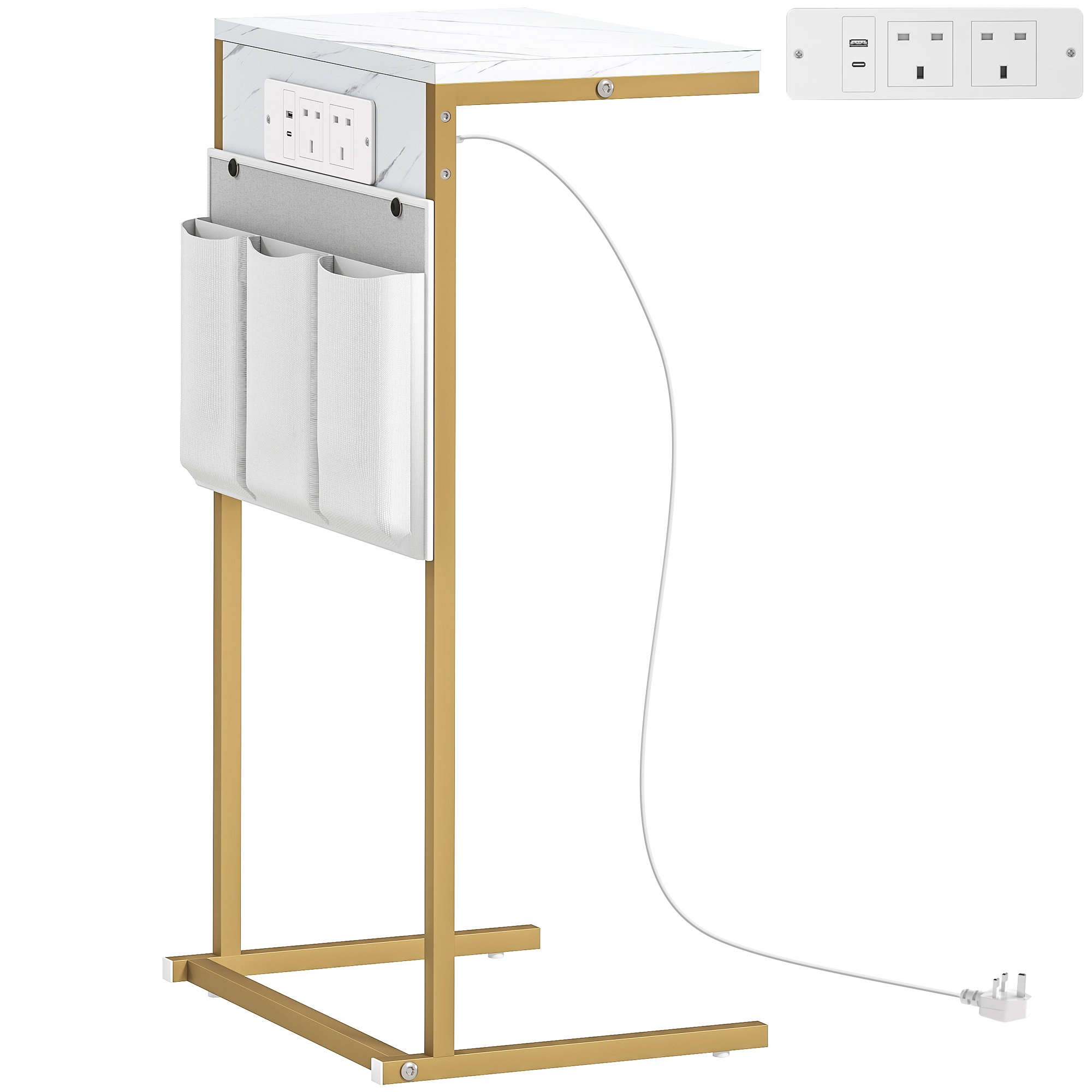 HERON C Shaped Bedside Table with Charging Station Marble Grain White - Life Essentials