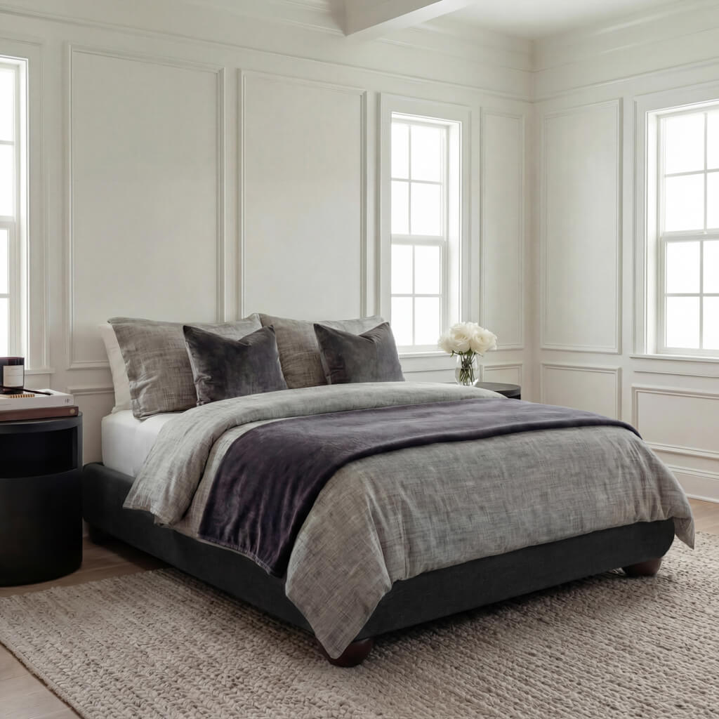 SOLVANE Kingsize Chenille Bedframe - Deep Charcoal - Leeds Plywood