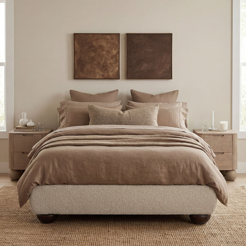 SOLVANE Kingsize Chenille Bedframe - Porridge - Leeds Plywood