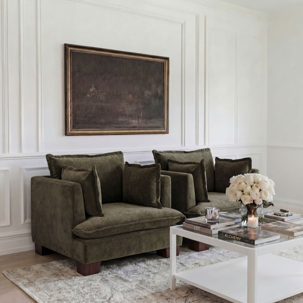 SUTHERBY Chenille Armchair - Olive - Leeds Plywood