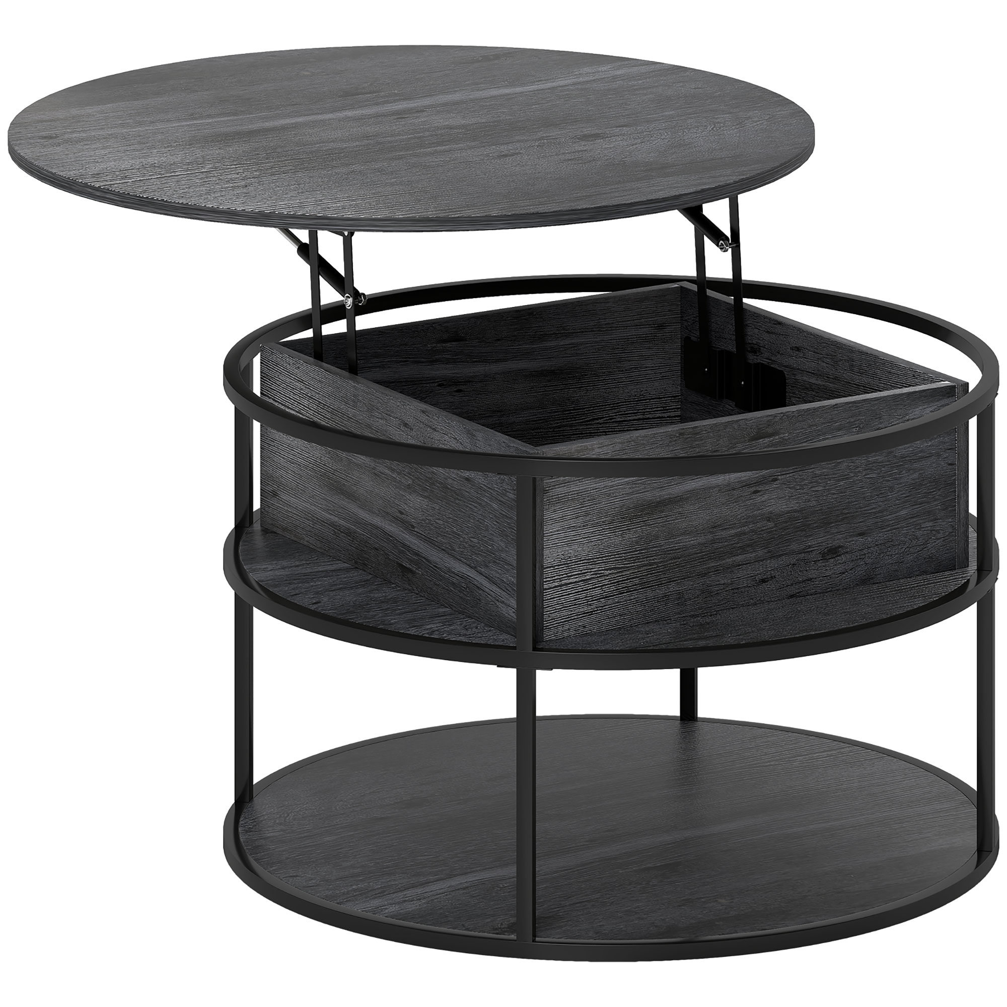 HERON Lift Top Coffee Table Round Coffee Table with Storage Shelf Charcoal Grey - Life Essentials