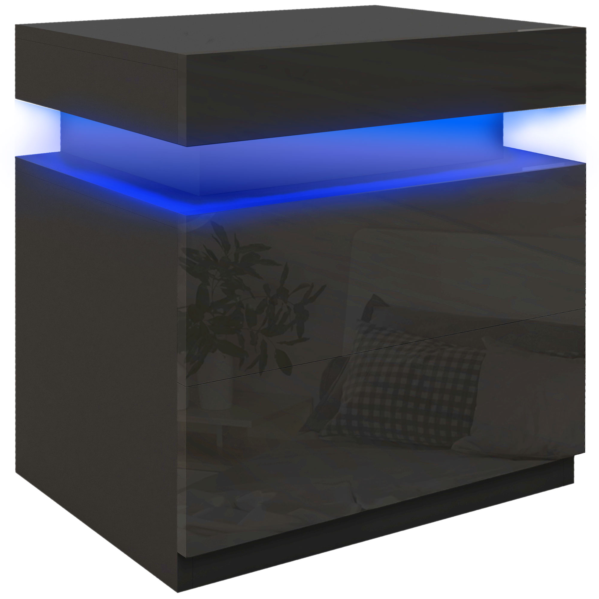 HERON Black Bedside Table with LED Light and 2 Drawers - Life Essentials