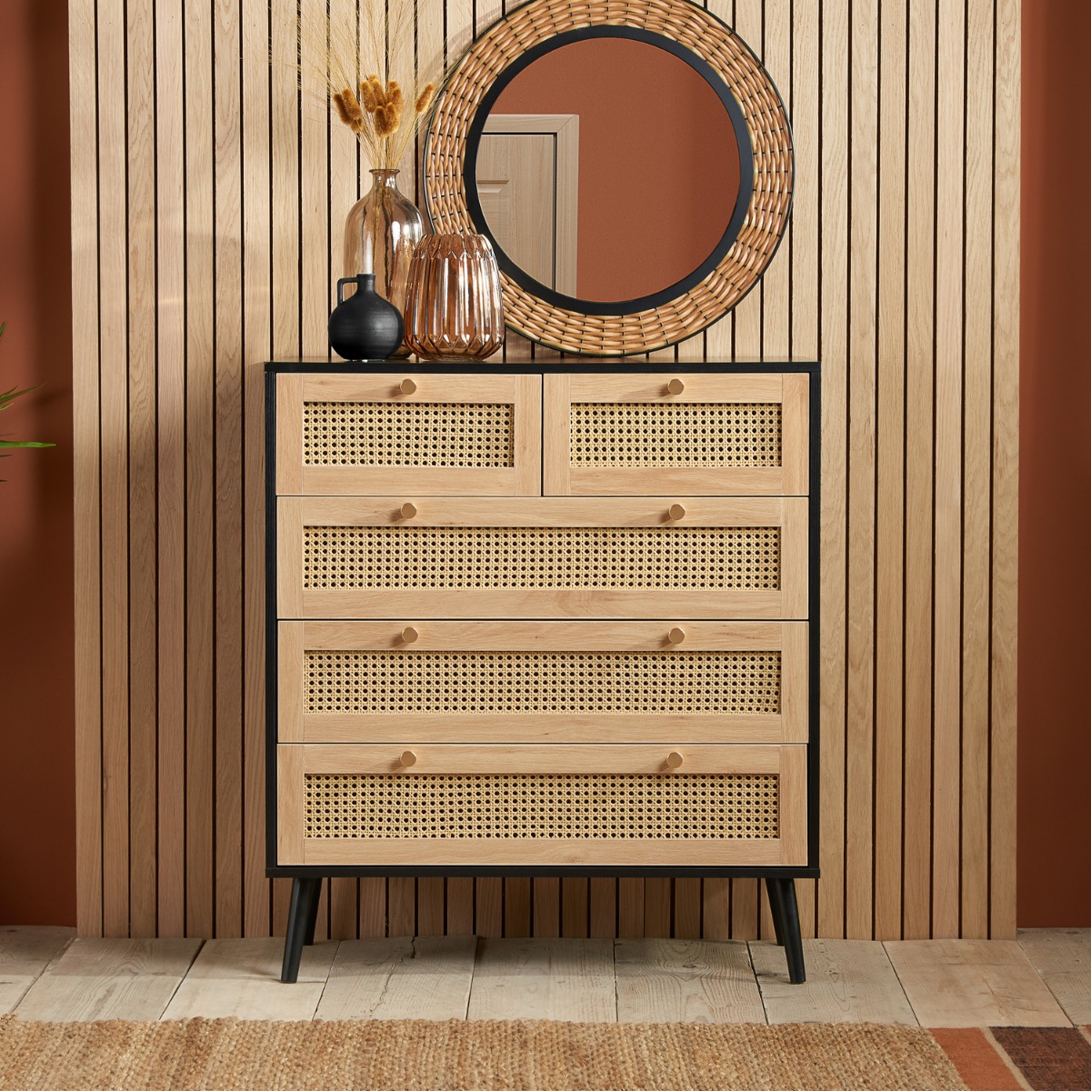 CARDANO Black Rattan Chest of Drawers - Medium-sized, 5 Drawers - Birlea Essentials