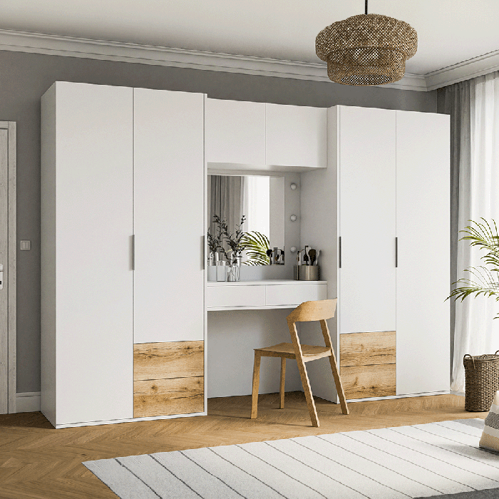 BRAVYN 6 Door Mirrored Wardrobe with 6 Drawers and Dressing Table White - 300cm - Avellino & Wells