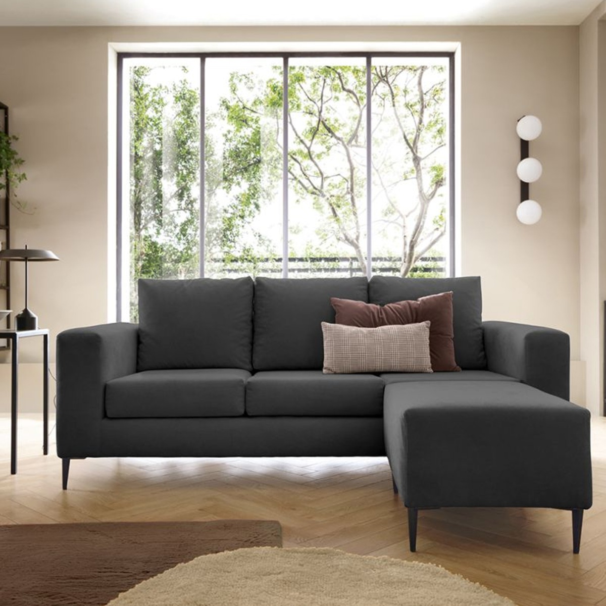 Lincoln Reversible Corner Sofa With Footstool - Black - Moonlight Interiors