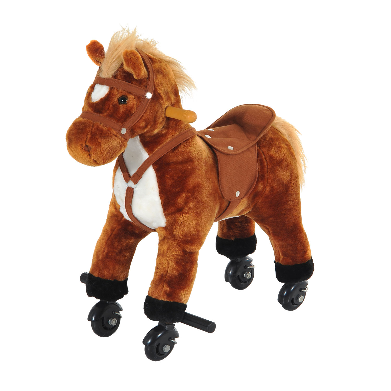 Rocking Horse Plush Kids Ride on Gift Wooden Action Pony Wheeled Walking Riding Little Baby Toy W/Sound-Brown - Life Essentials