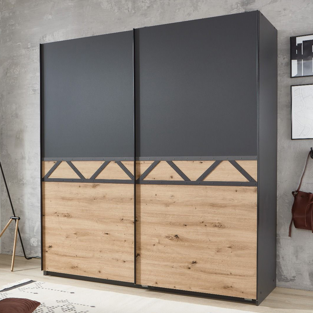Sliding Wardrobe - ANDORRA 2 Door Wardrobe Graphite and Oak 180cm - Wimex Distribution