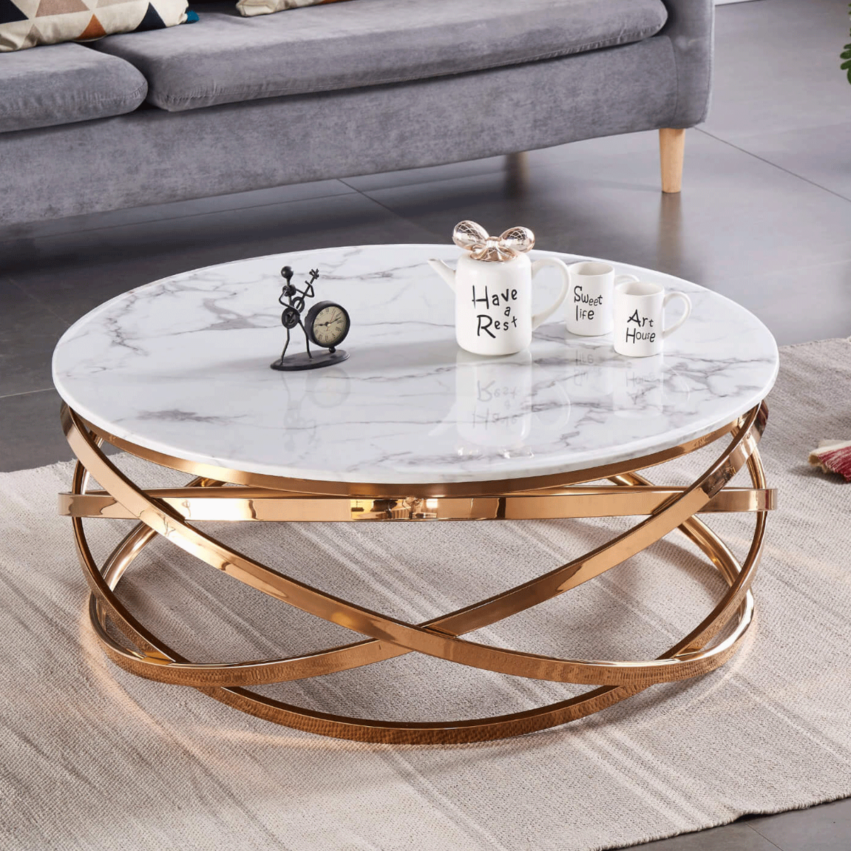 Cordova Round White Artificial Marble Coffee Table with Stainless Steel Base - Rose Gold - Sigrid Mills