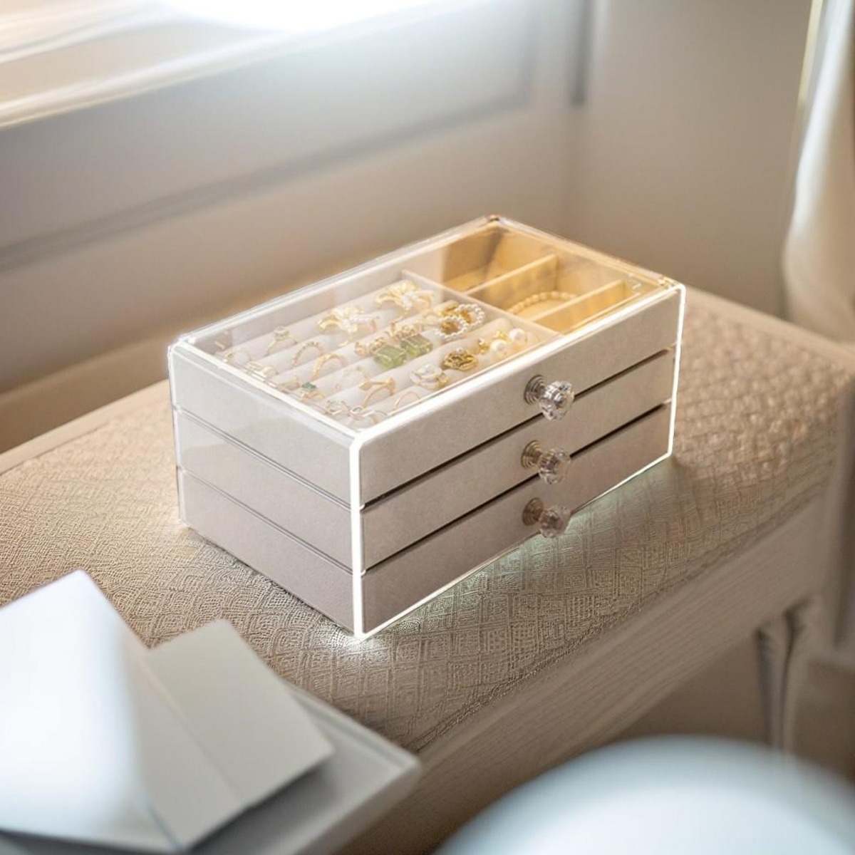 XYLVIAN Jewellery Box Clear Acrylic 3-Tier Drawer Organizer for Rings and Earrings - Transparent - The Urban Forge
