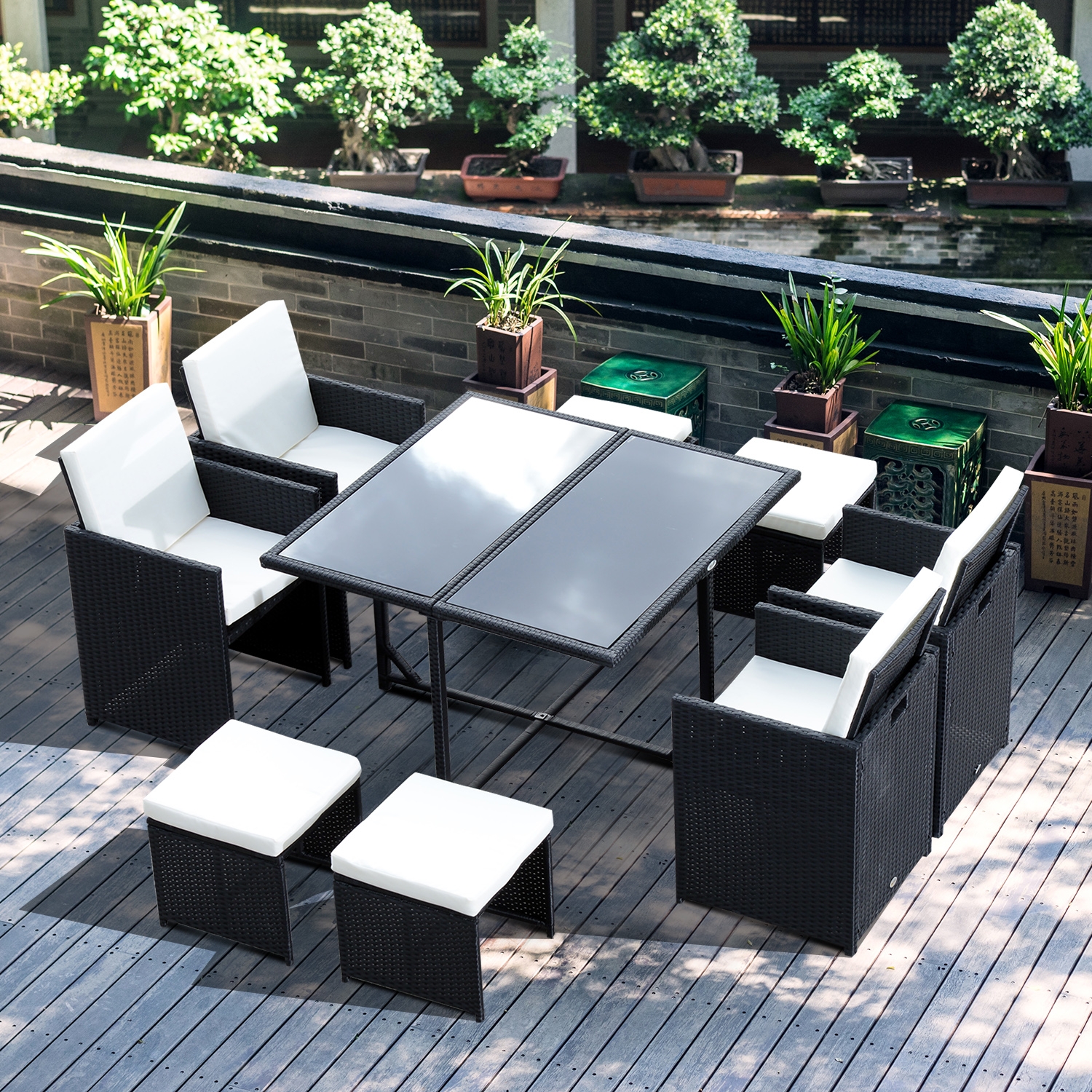 9PC Rattan Cube Dining Table Set - Black - The Garden Savant