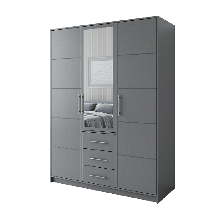 BARNSLEY 3 Door Mirrored Wardrobe with 3 Drawers Grey - 147cm - Avellino & Wells