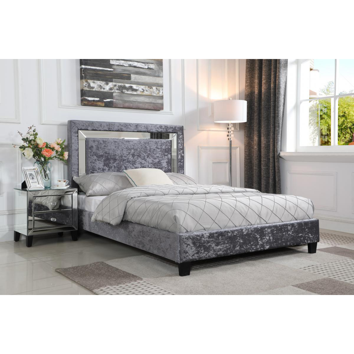 Crediton Crushed Velvet King Size Bed with Mirror - Silver - Sigrid Mills