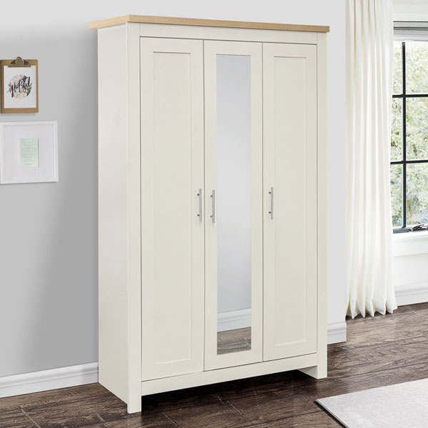 Wardrobe - HEINZ 3 Door Mirrored Wardrobe Cream and Oak Effect 112cm - Birlea Essentials