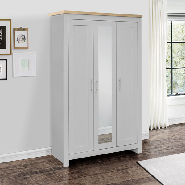 Wardrobe - HEINZ 3 Door Mirrored Wardrobe Grey and Oak Effect 112cm - Birlea Essentials