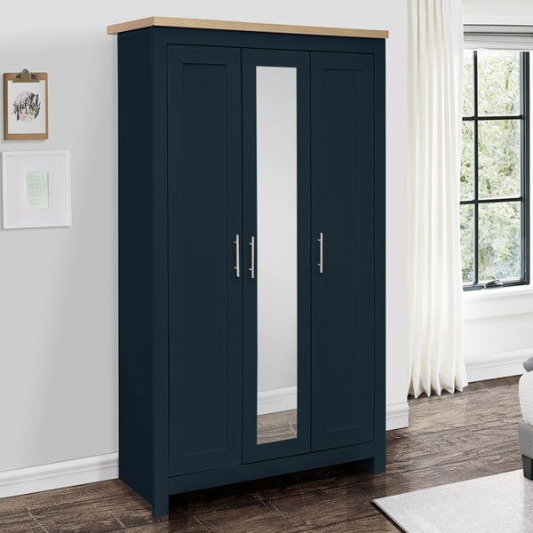 Wardrobe - HEINZ 3 Door Mirrored Wardrobe Navy Blue and Oak Effect 112cm - Birlea Essentials