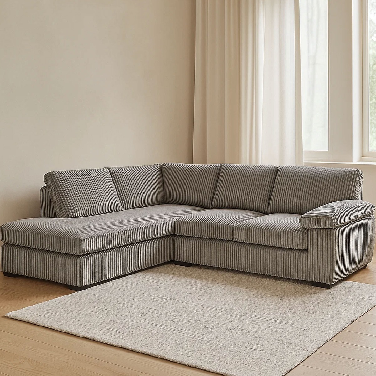 Corner Sofa - AMALFI Full Back Jumbo Cord Left Hand Charcoal - Sofa Central