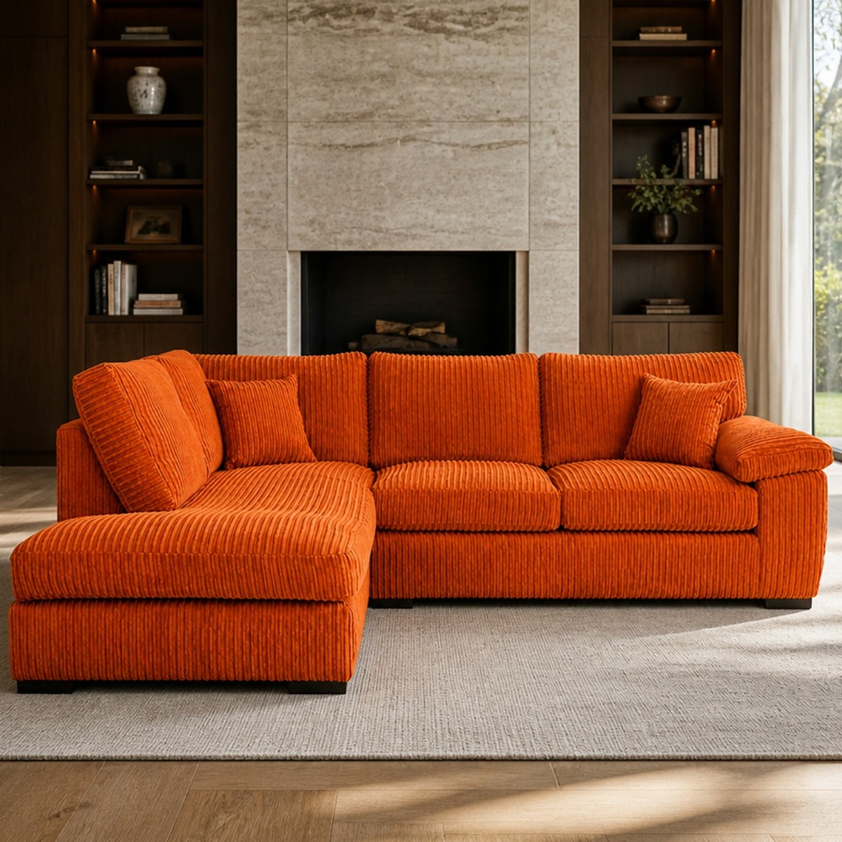 CORDURA Large Jumbo Cord Corner Sofa - L Shaped - Left Hand Facing - Fullback - Orange