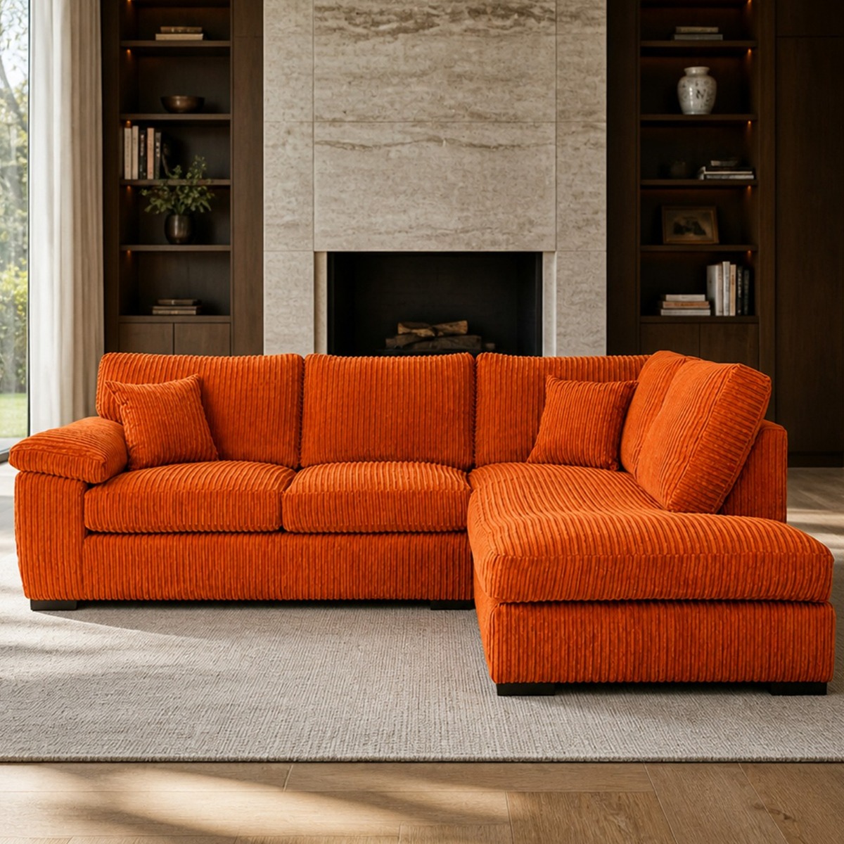 CORDURA Large Jumbo Cord Corner Sofa - L Shaped - Right Hand Facing - Fullback - Orange