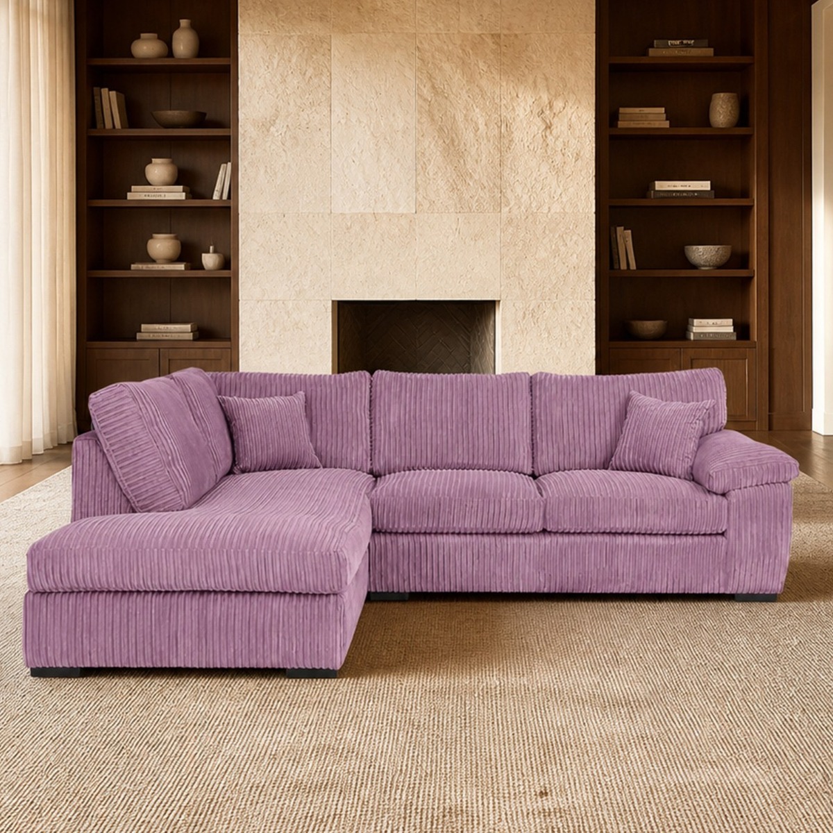 CORDURA Large Jumbo Cord Corner Sofa - L Shaped - Left Hand Facing - Fullback - Pink