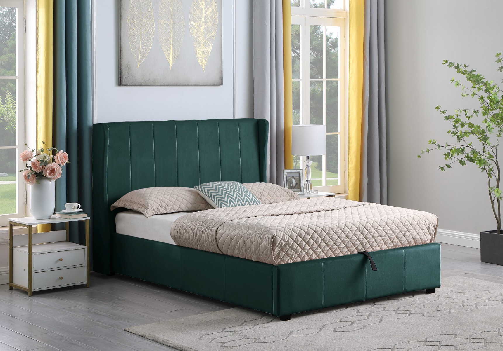 Amelia Plus 5ft Kingsize Storage Bed - Green Velvet Fabric - Budget Deals