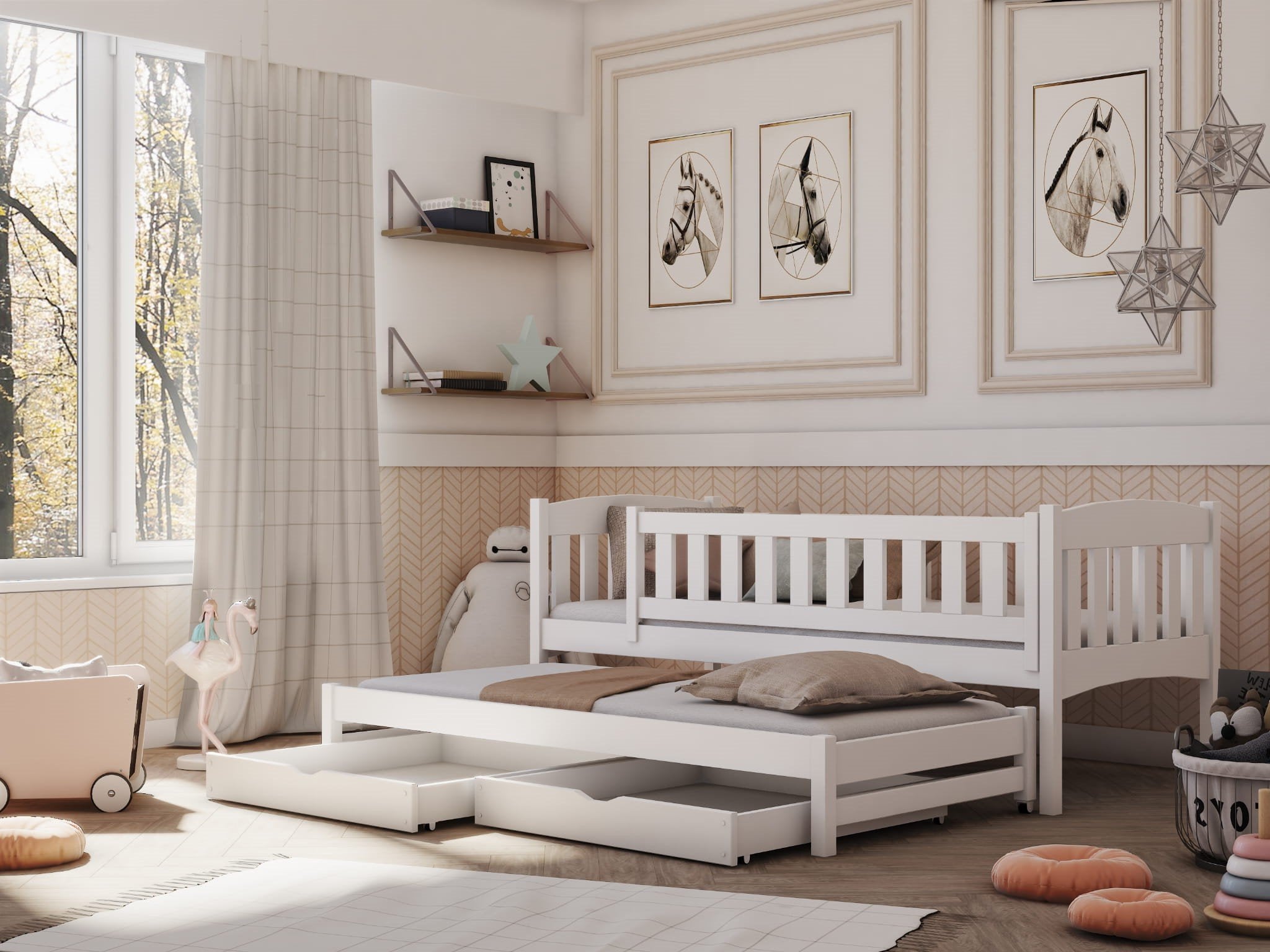 MALAIKA 2 Drawers Storage Wooden Double Bed with Trundle and Foam Mattress - White - Art Nest